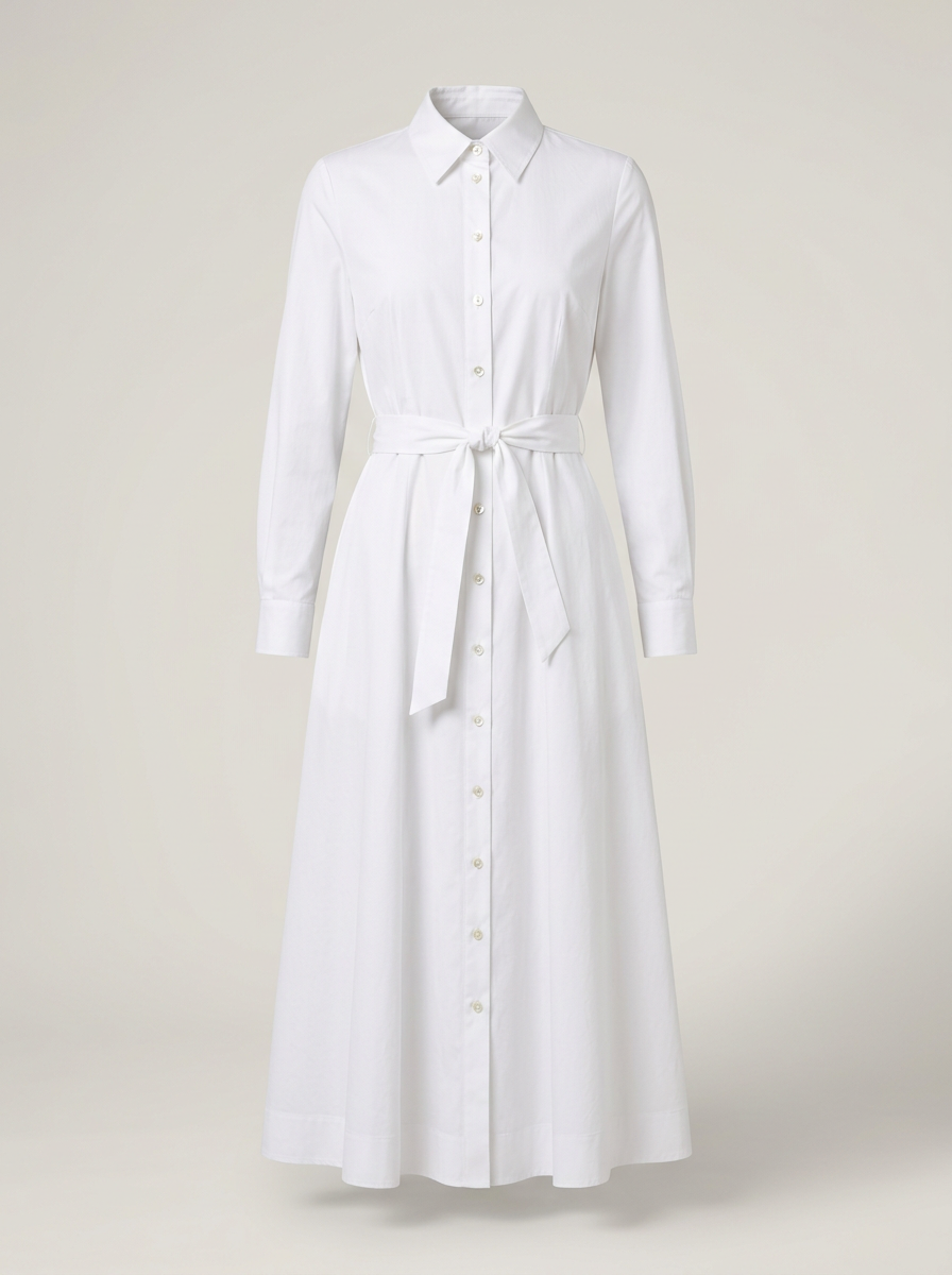 Belted Poplin Shirt Dress in White