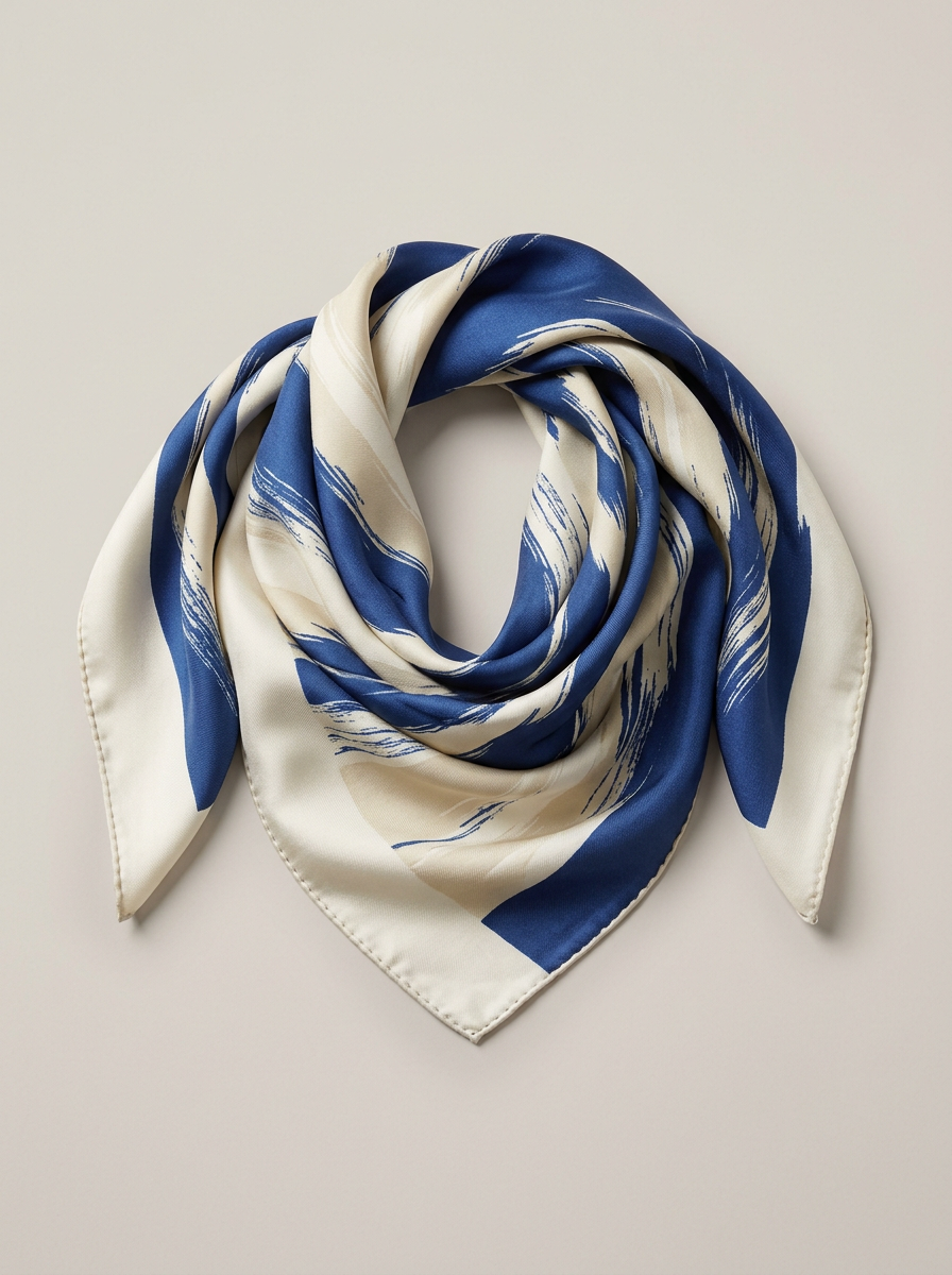 Silk Twill Scarf in Ivory & Cobalt