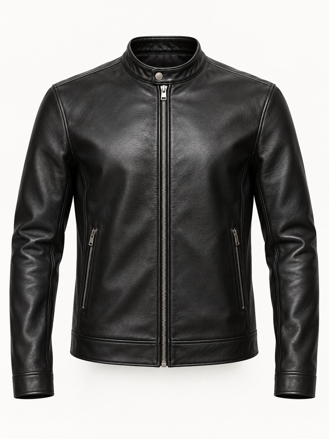 Front view of AVELINE men's leather racer jacket in black on a plain studio background