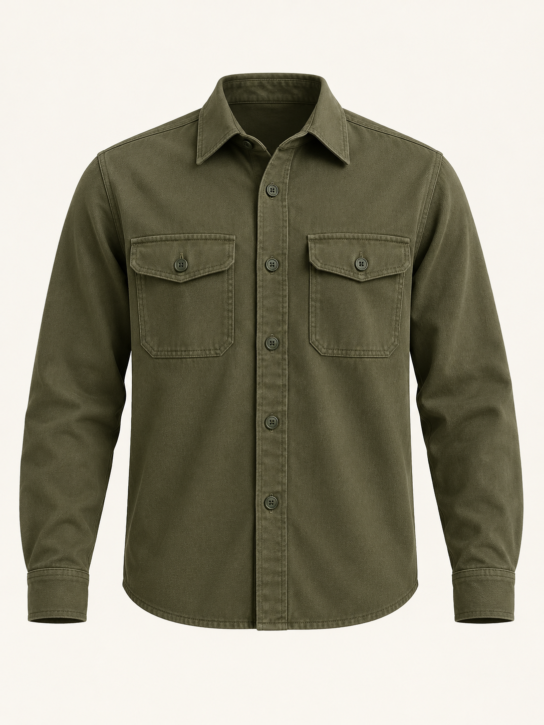 Front view of AVELINE men's cotton twill overshirt in olive on a plain studio background