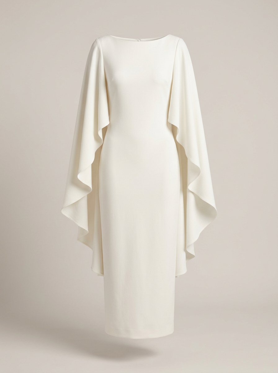 Cape-Sleeve Crepe Dress in Ivory