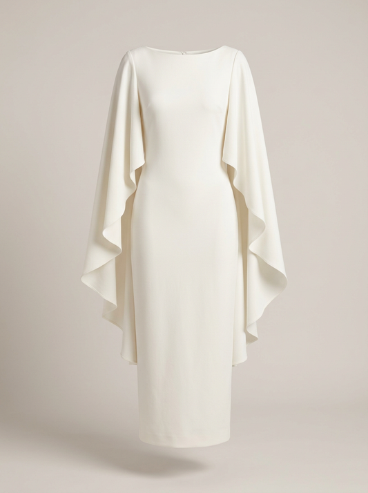 Cape-Sleeve Crepe Dress in Ivory