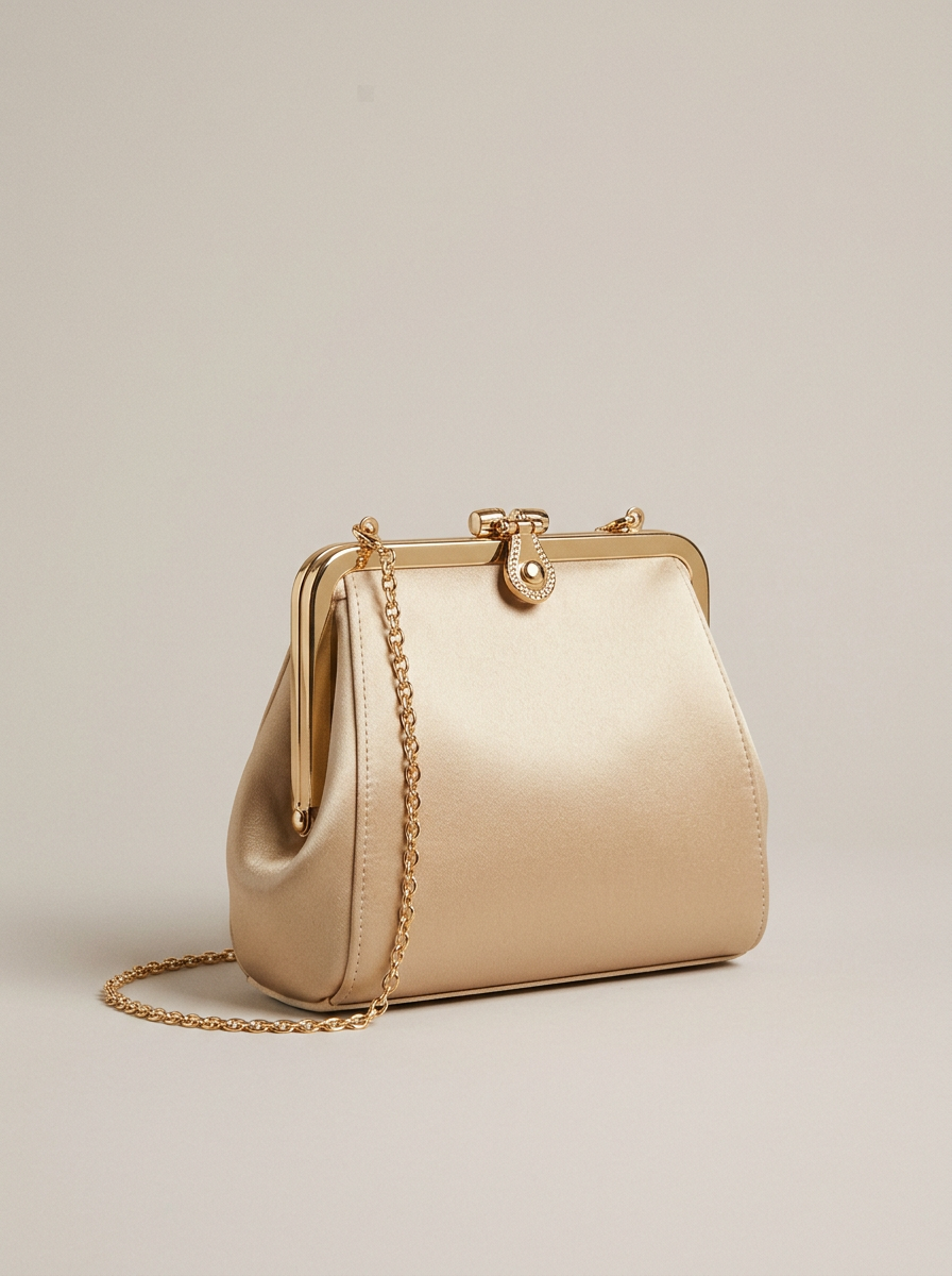 Chain-Strap Evening Bag in Champagne Satin