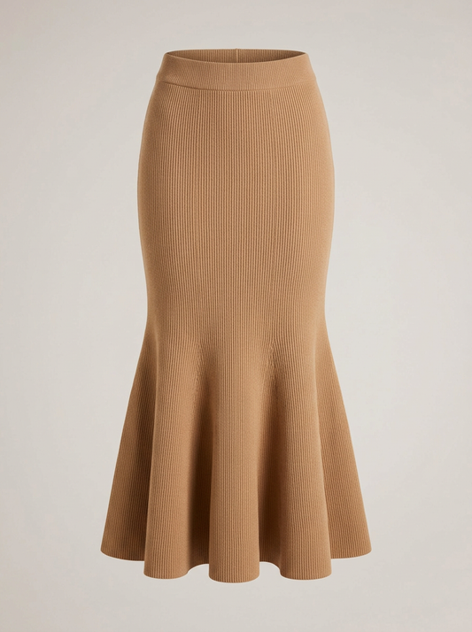 Fluted Knit Midi Skirt in Camel
