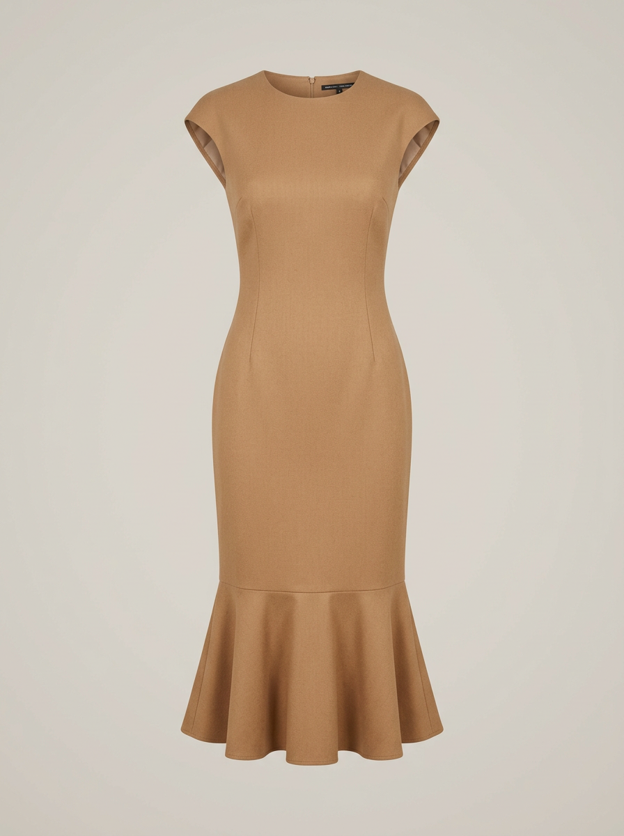 Fluted-Hem Pencil Dress in Camel