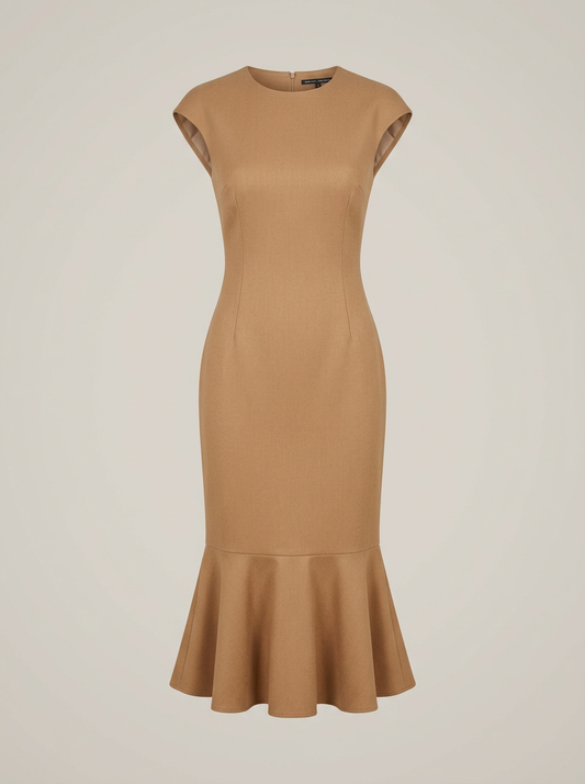Fluted-Hem Pencil Dress in Camel