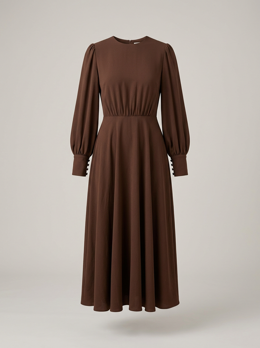 Gathered-Waist Midi Dress in Chocolate