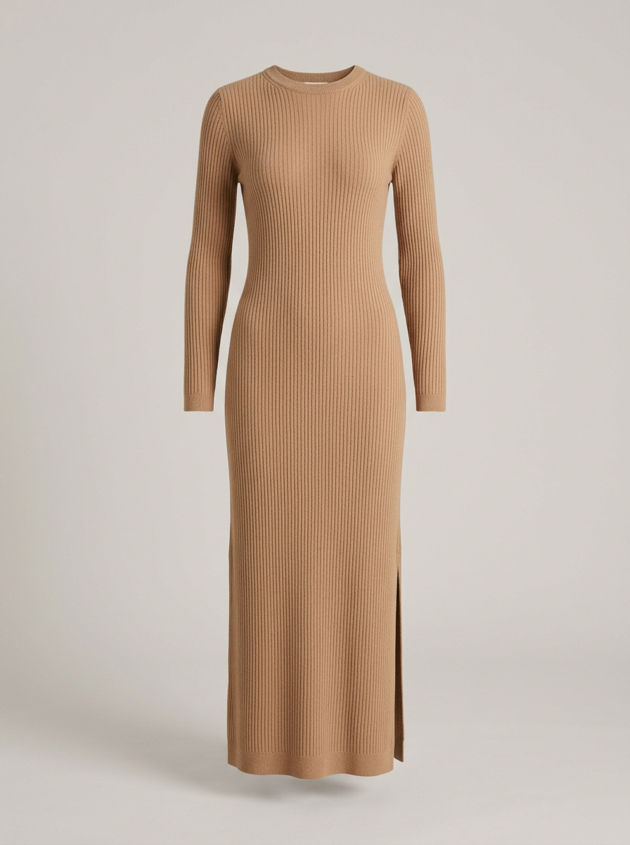 Ribbed Knit Column Dress in Camel