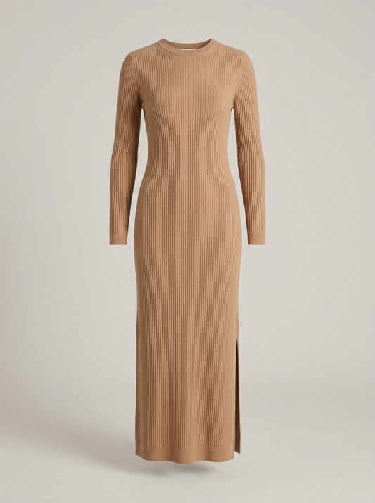 Ribbed Knit Column Dress in Camel