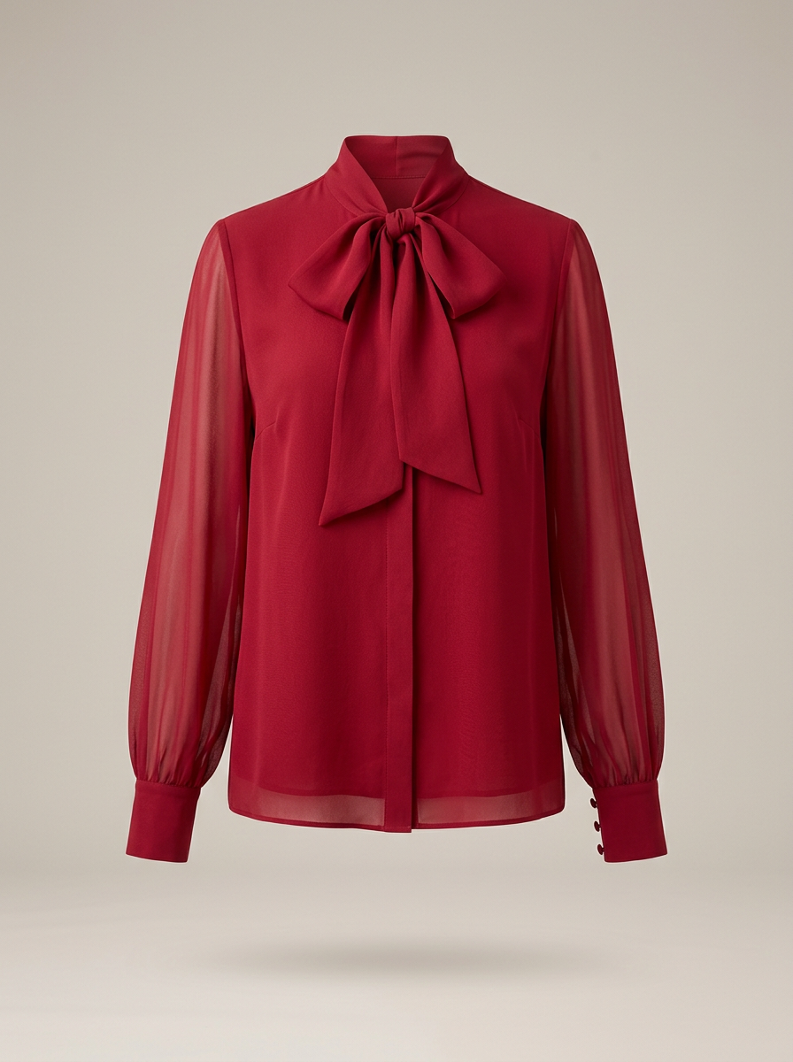 Chiffon Pussy-Bow Blouse in Crimson