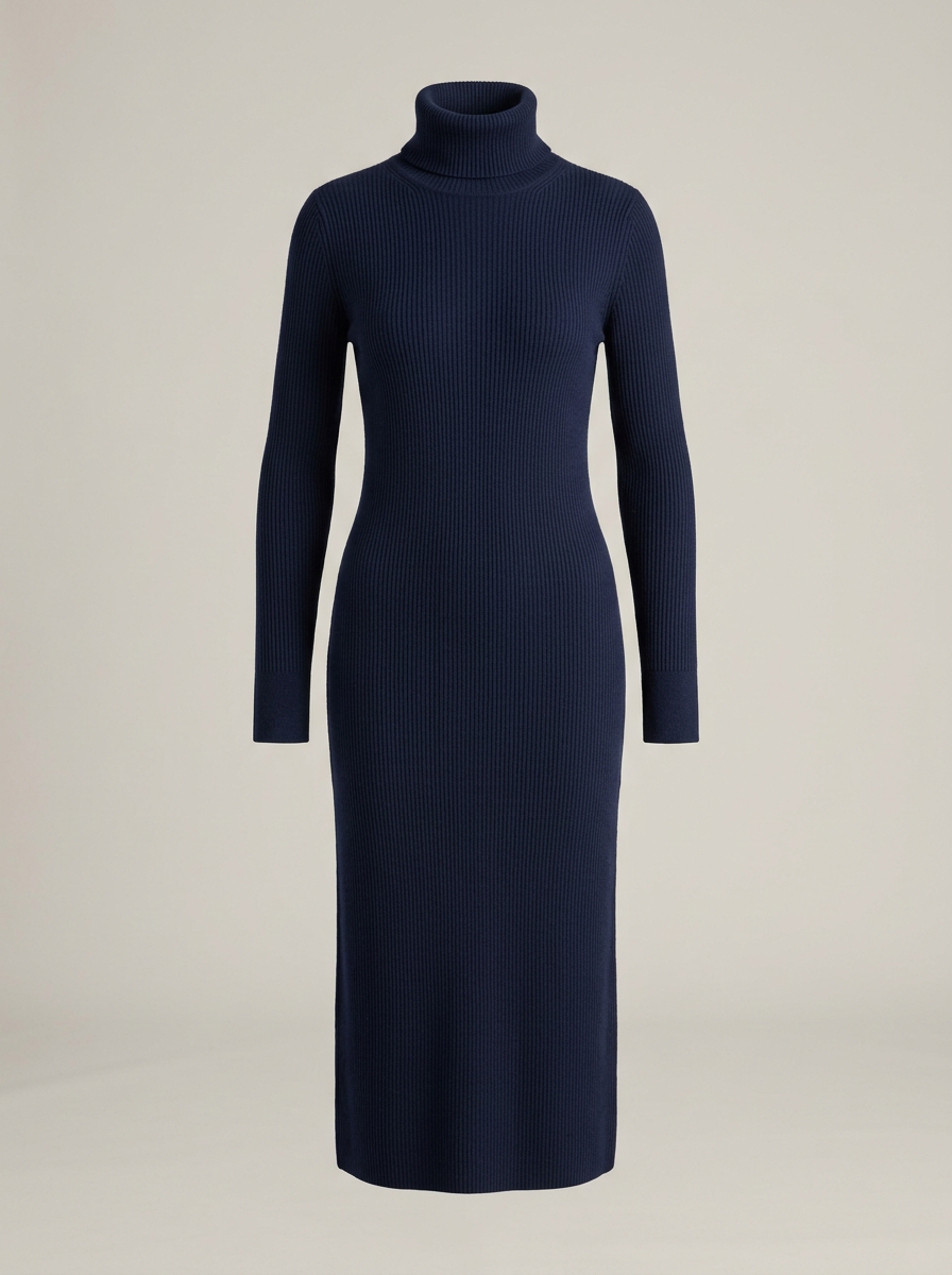 High-Neck Ribbed Knit Dress in Navy