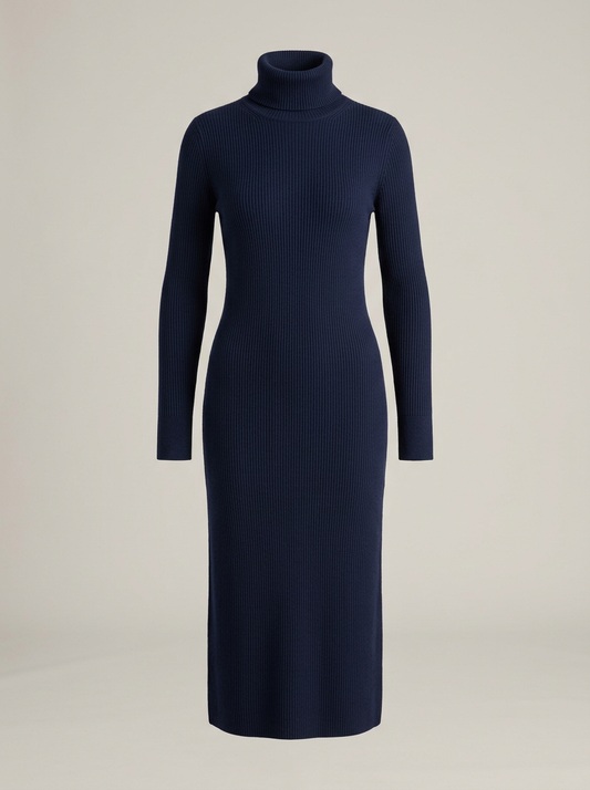 High-Neck Ribbed Knit Dress in Navy