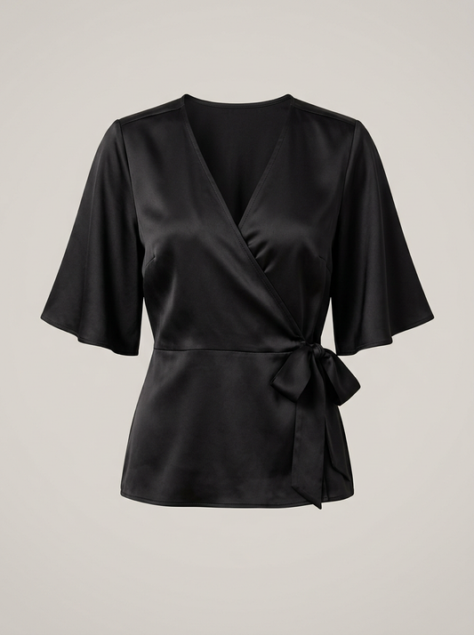 Satin Wrap Top in Black