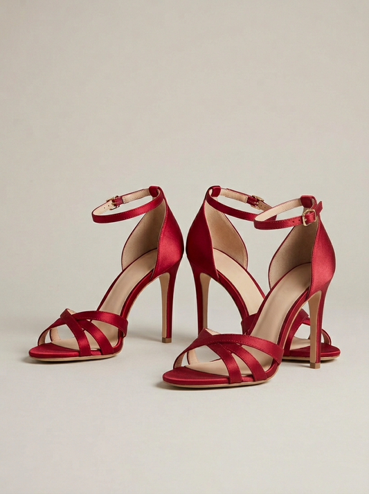 Strappy Stiletto Sandal in Crimson Satin