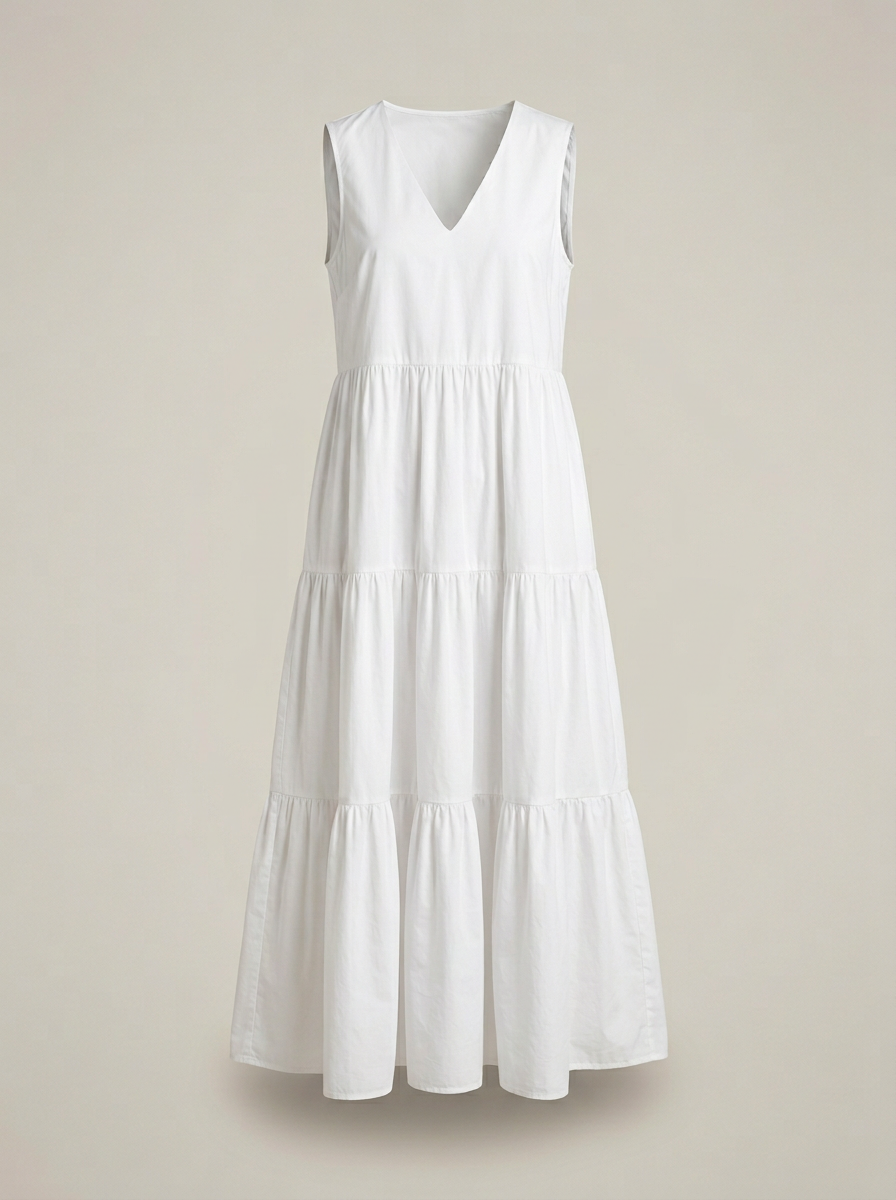 Tiered Poplin Maxi Dress in White