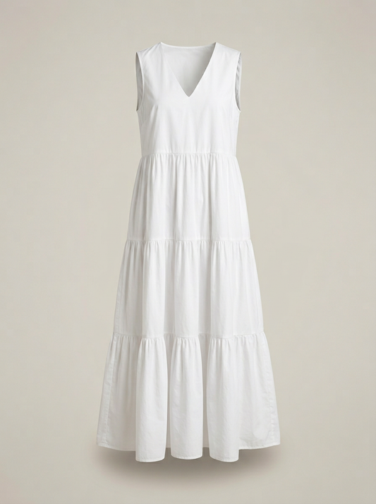 Tiered Poplin Maxi Dress in White