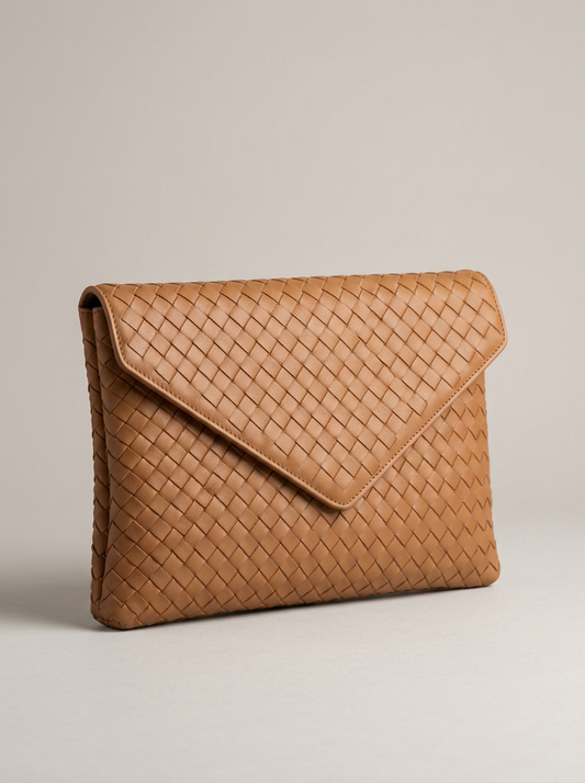 Woven Leather Clutch in Tan