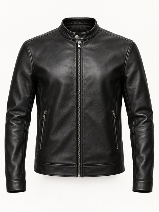 Front view of AVELINE men's leather racer jacket in black on a plain studio background