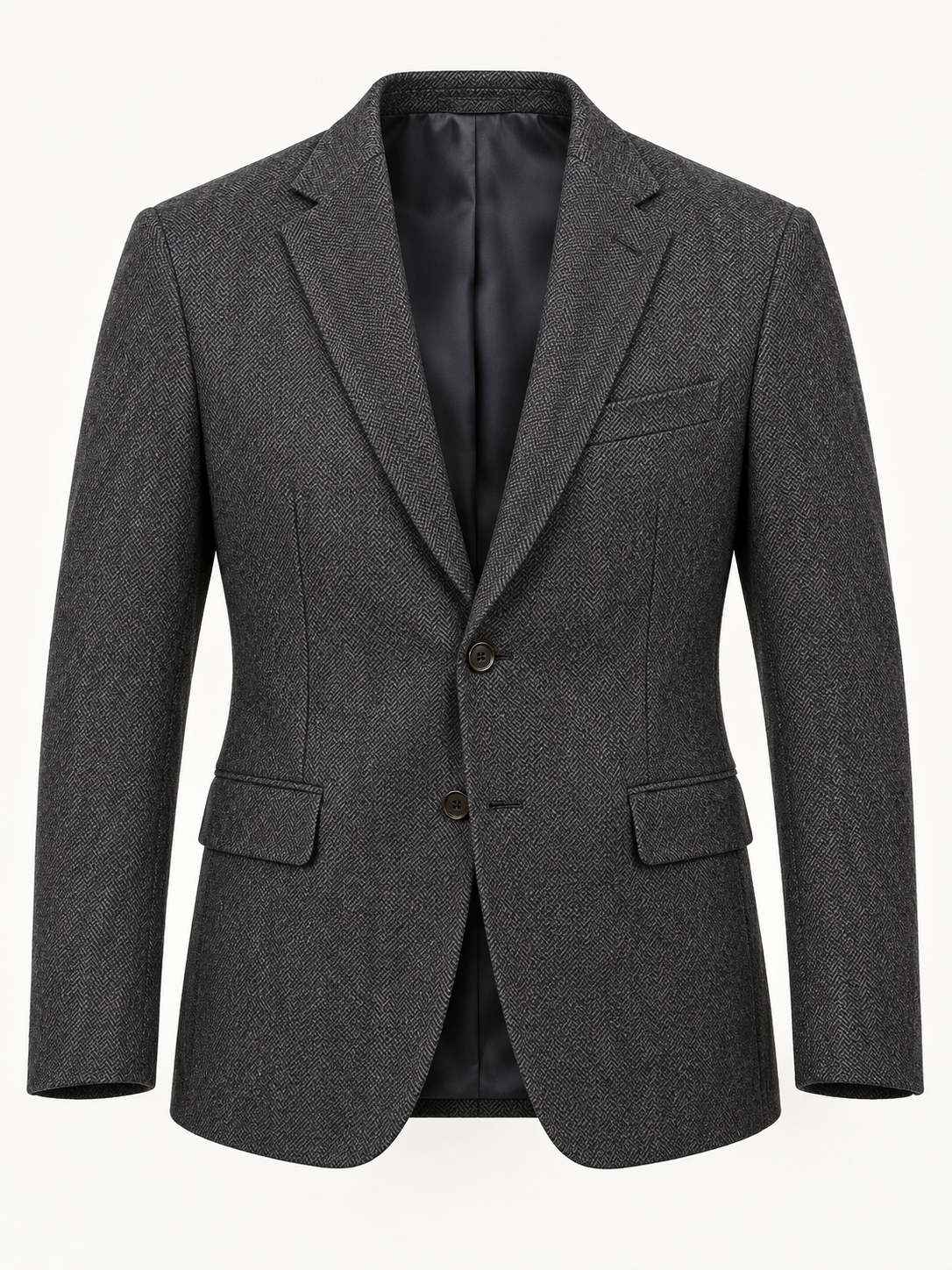 Front view of AVELINE men's herringbone wool blazer in charcoal on a plain studio background