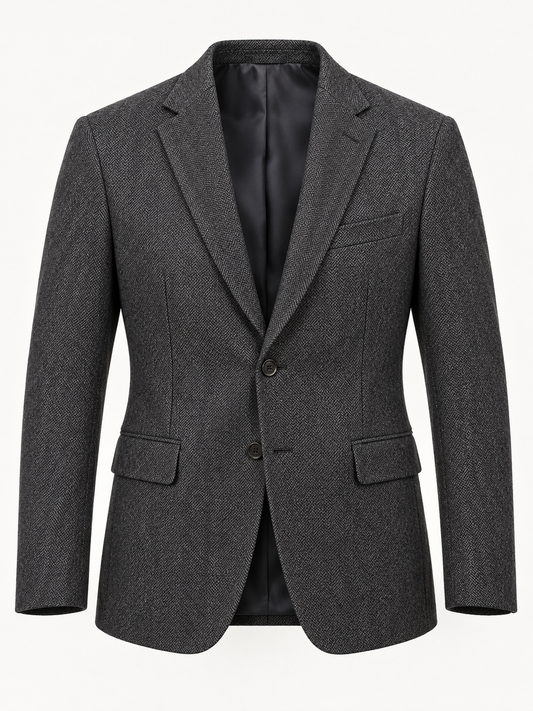 Front view of AVELINE men's herringbone wool blazer in charcoal on a plain studio background