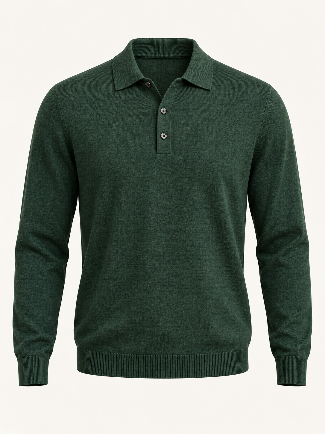 Front view of AVELINE men's long-sleeve merino polo in forest on a plain studio background