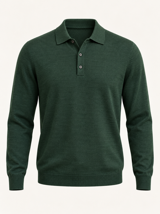 Front view of AVELINE men's long-sleeve merino polo in forest on a plain studio background