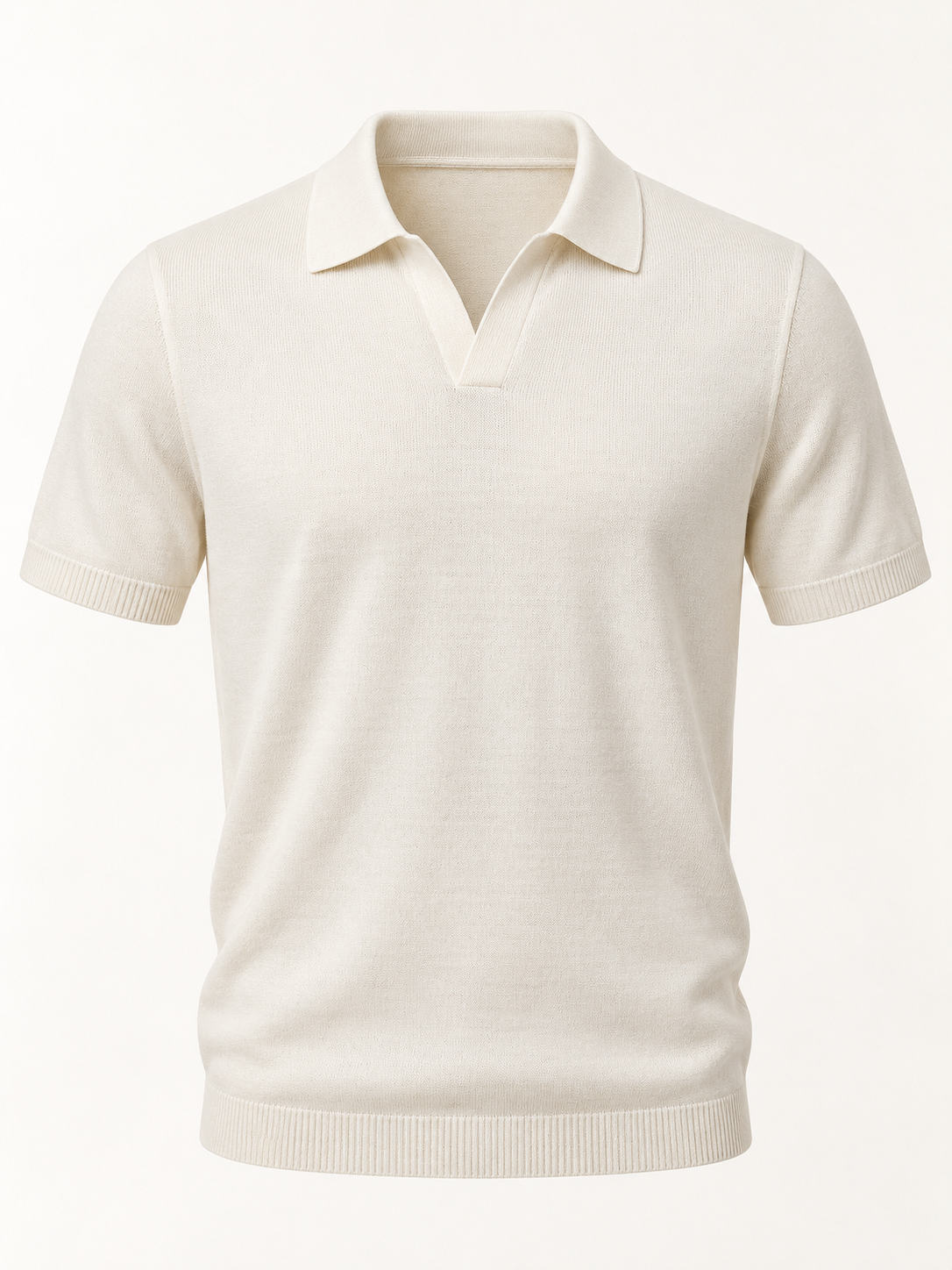 Front view of AVELINE men's fine-knit polo in ivory on a plain studio background