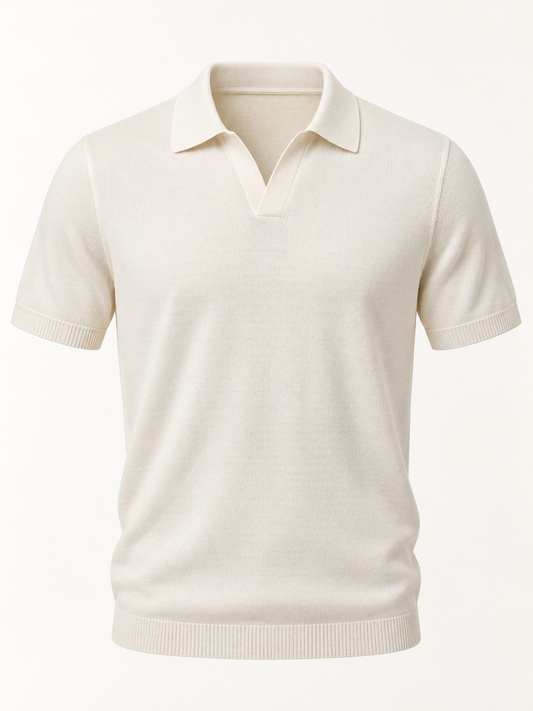 Front view of AVELINE men's fine-knit polo in ivory on a plain studio background
