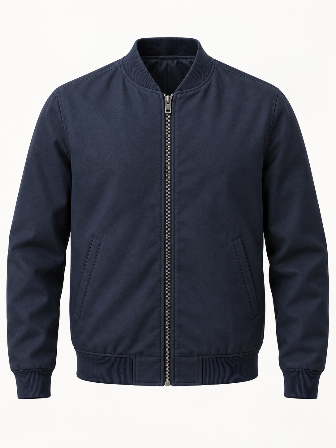 Front view of AVELINE men's cotton bomber jacket in navy on a plain studio background