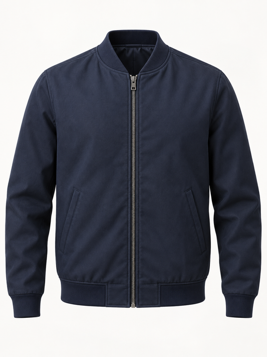 Front view of AVELINE men's cotton bomber jacket in navy on a plain studio background