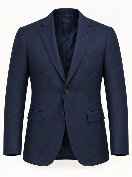 Front view of AVELINE men's tailored wool blazer in navy on a plain studio background