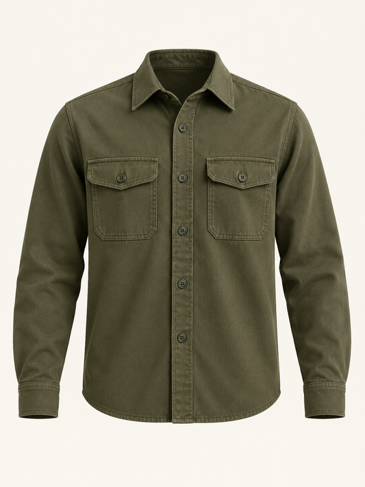 Front view of AVELINE men's cotton twill overshirt in olive on a plain studio background