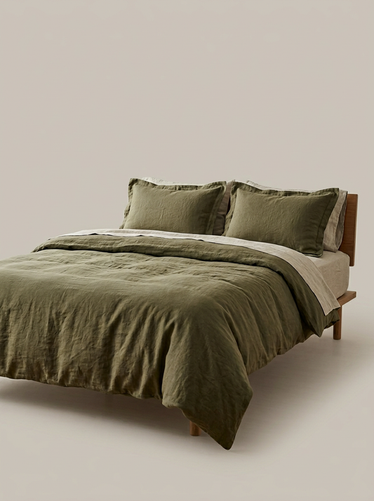 Lino Washed Linen Duvet Cover Set in Olive