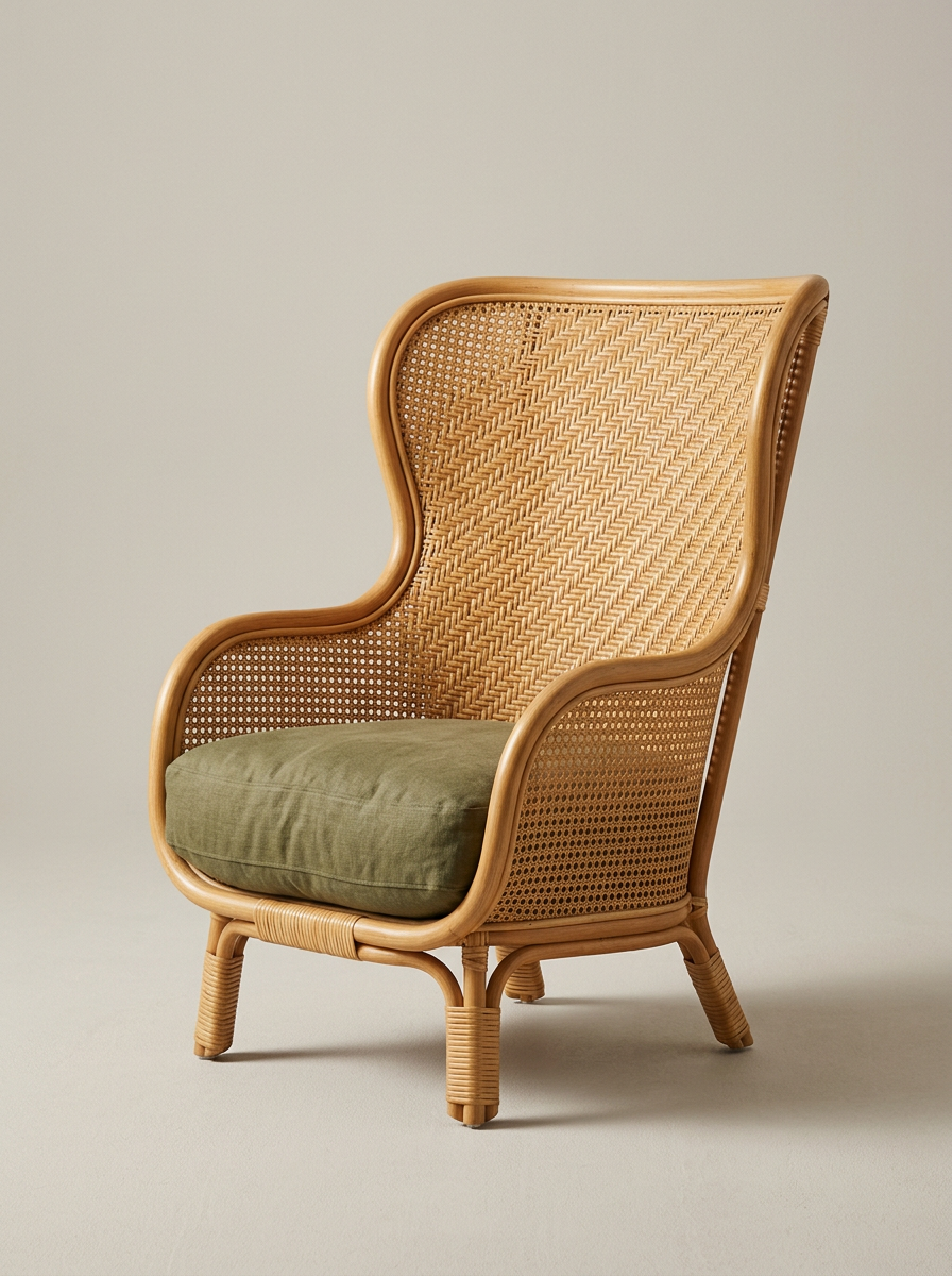 Sagano Reading Chair in Rattan and Olive Linen