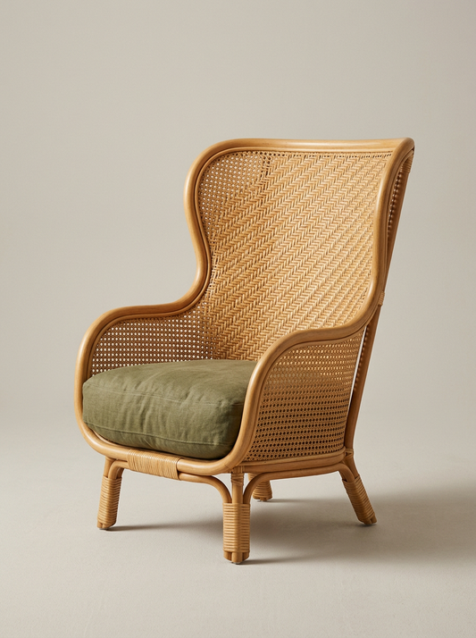 Sagano Reading Chair in Rattan and Olive Linen