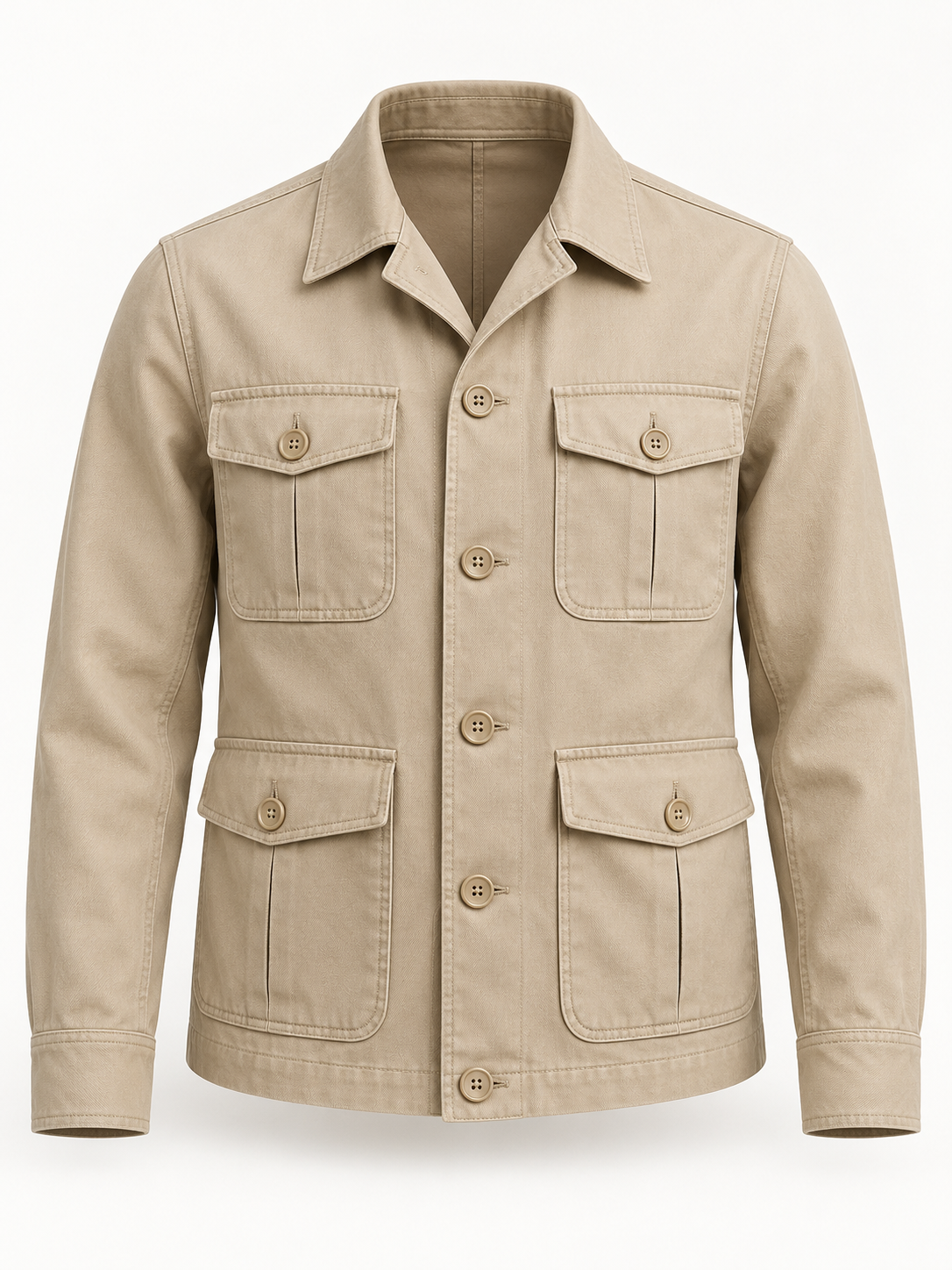 Front view of AVELINE men's tailored field jacket in stone on a plain studio background