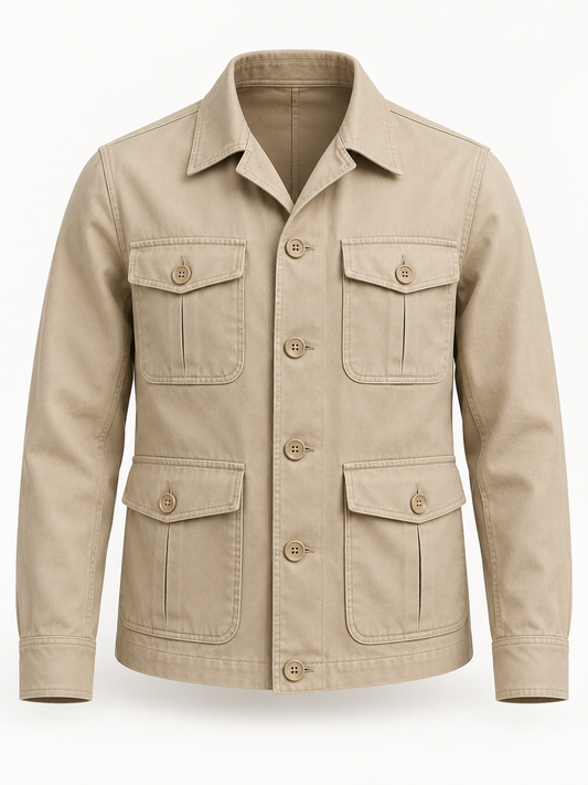 Front view of AVELINE men's tailored field jacket in stone on a plain studio background