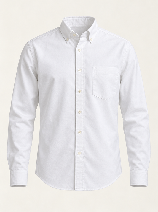 Front view of AVELINE men's oxford button-down shirt in white on a plain studio background